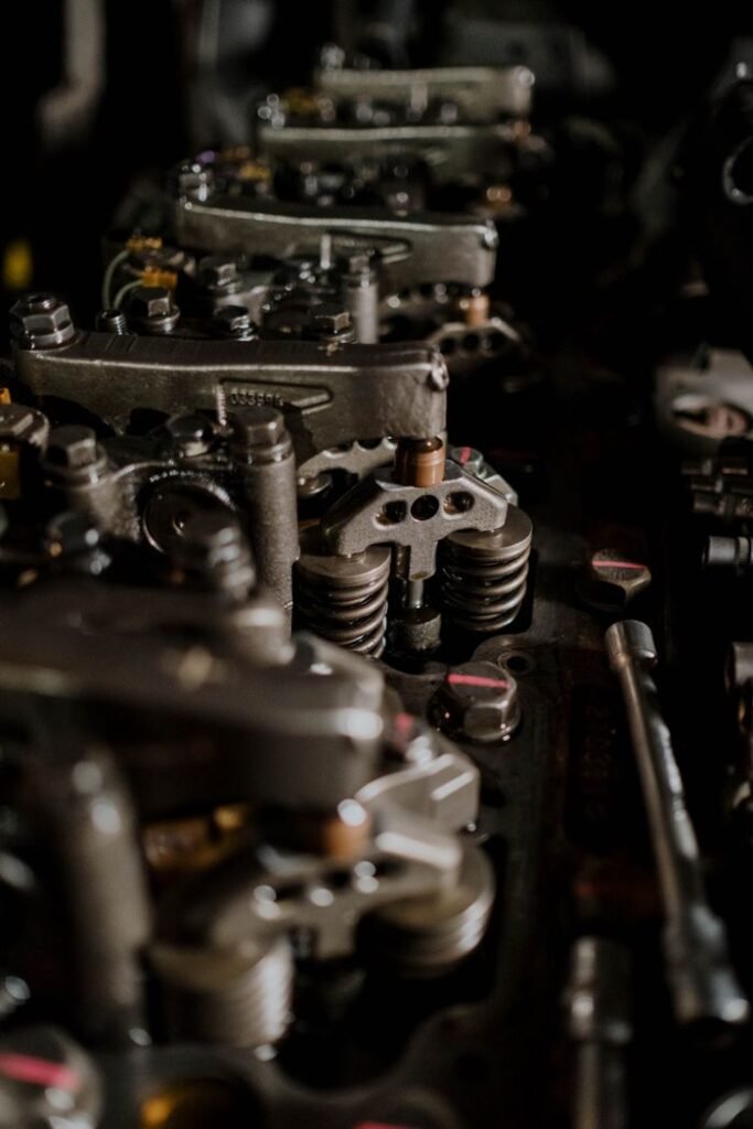 Detailed view of engine components, showcasing metallic parts and intricate design.
